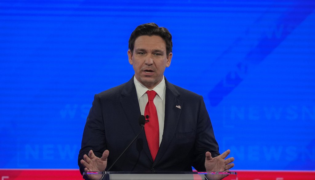 Republican presidential candidate Florida Gov. Ron DeSantis speaks during a Republican presidential primary debate hosted by NewsNation on Dec. 6, 2023, at the Moody Music Hall at the University of Alabama in Tuscaloosa, Ala. (AP)
