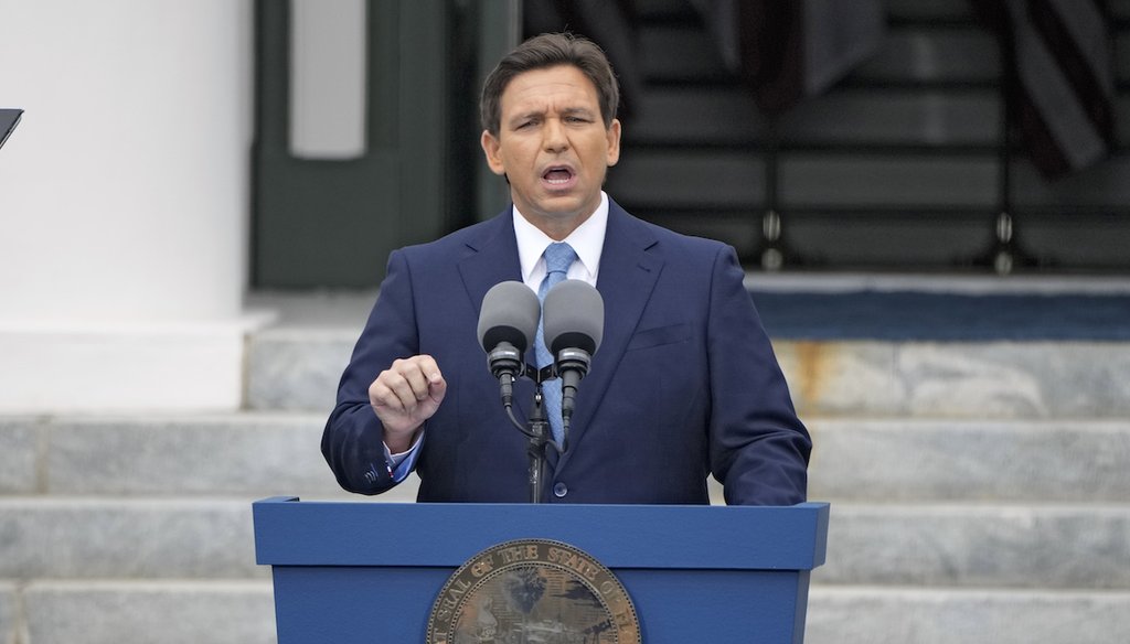 Florida Gov. Ron DeSantis speaks to the crowd after being sworn in to begin his second term during an inauguration ceremony Tuesday, Jan. 3, 2023, in Tallahassee, Fla. (AP)