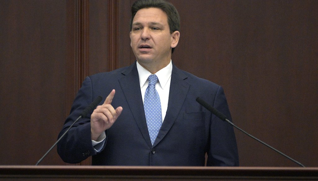 Florida Gov. Ron DeSantis addresses a joint session of a legislative session on Jan. 11, 2022 in Tallahassee.