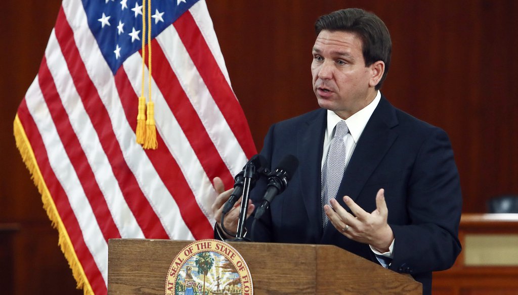 Florida Gov. Ron DeSantis answers questions from the media in the Florida Cabinet following his State of the State address on March 7, 2023, at the Capitol in Tallahassee, Fla. (AP)