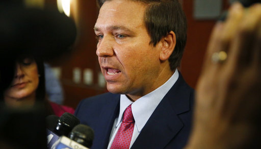 Republican candidate for Florida Governor Ron DeSantis speaks to the media at the Florida International University on Thursday, Sept. 20, 2018, in Miami, Fla. (AP)