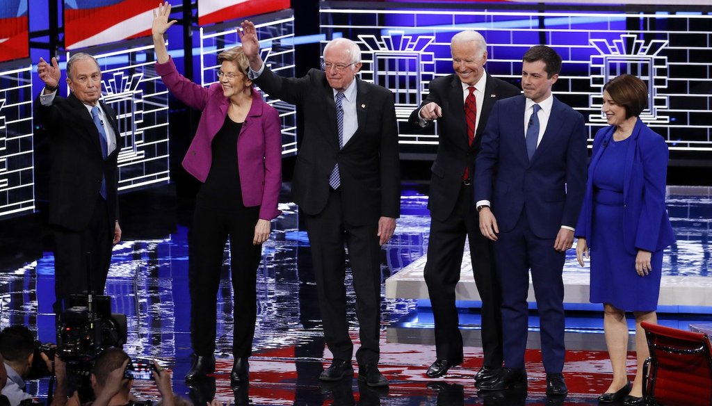 From left, Democratic presidential candidates Michael Bloomberg, Elizabeth Warren, Bernie Sanders, Joe Biden, Pete Buttigieg and Amy Klobuchar at the Feb. 19 Democratic debate in Las Vegas. (AP)