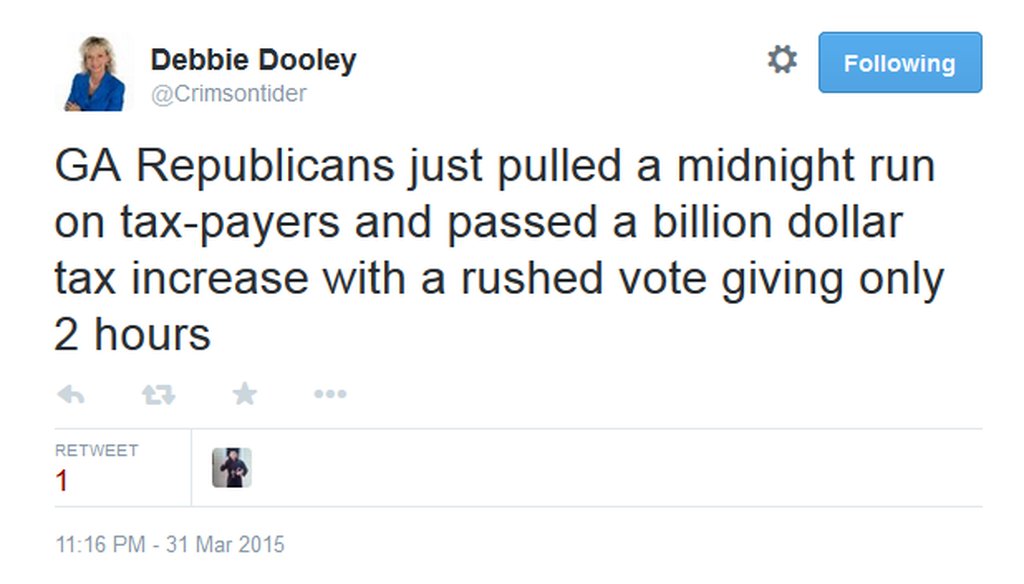 Atlanta Tea Party Patriots co-founder Debbie Dooley's Tweet about the recently passed transportation funding bill