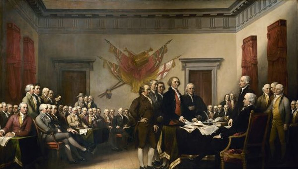 John Trumbull's 1819 painting of the drafting of the Declaration of Independence depicts the five-man drafting committee presenting their work to the Congress. The original hangs in the U.S. Capitol rotunda.