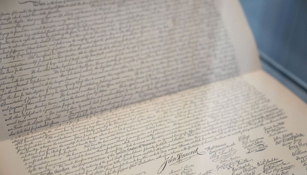 A version of the Declaration of Independence on display April 24, 2026, in the National Archives exhibit, "Free and Independent: A Celebration of the Declaration," in Washington in celebration of America's 250th birthday. (AP)