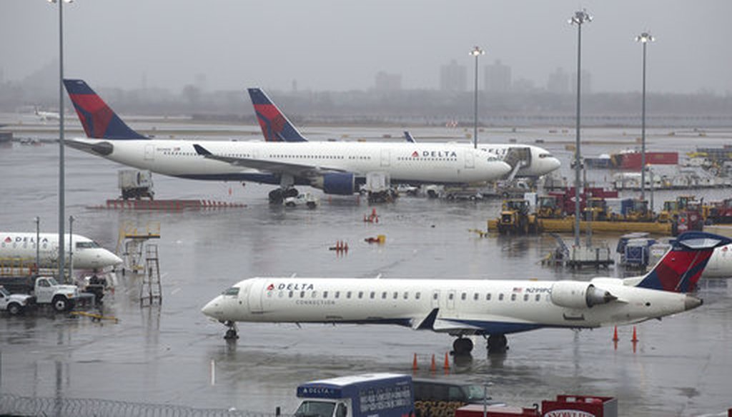Delta airplanes, are pictured on Friday, March 2, 2018, in New York. 