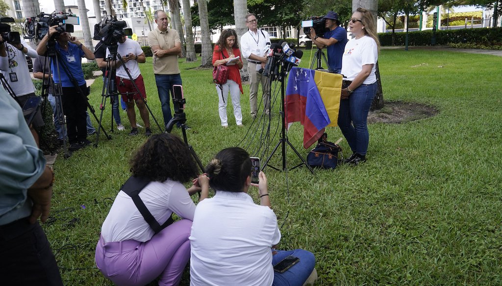 Adelys Ferro, director of the Venezuelan-American Caucus, speaks at a news conference in Doral, Fla. Sept. 15, 2022. Ferro denounced Florida Gov. Ron DeSantis for chartering two planes to transport immigrants to Martha's Vineyard, Mass. (AP)