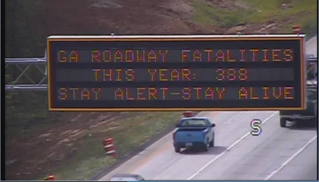 A Georgia DOT road sign over I-75 flashes the traffic fatalities as of April 23, indicating driver behavior is a factor. Photo provided by Georgia DOT