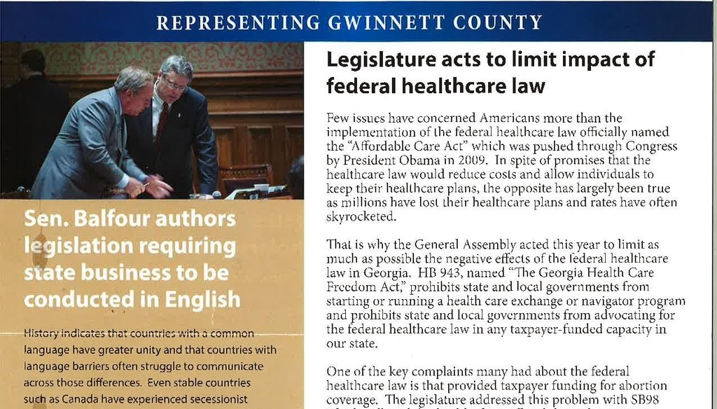 Georgia state Sen. Don Balfour, R-Snellville, sent this flier that included a claim about commercial pilot requirements.