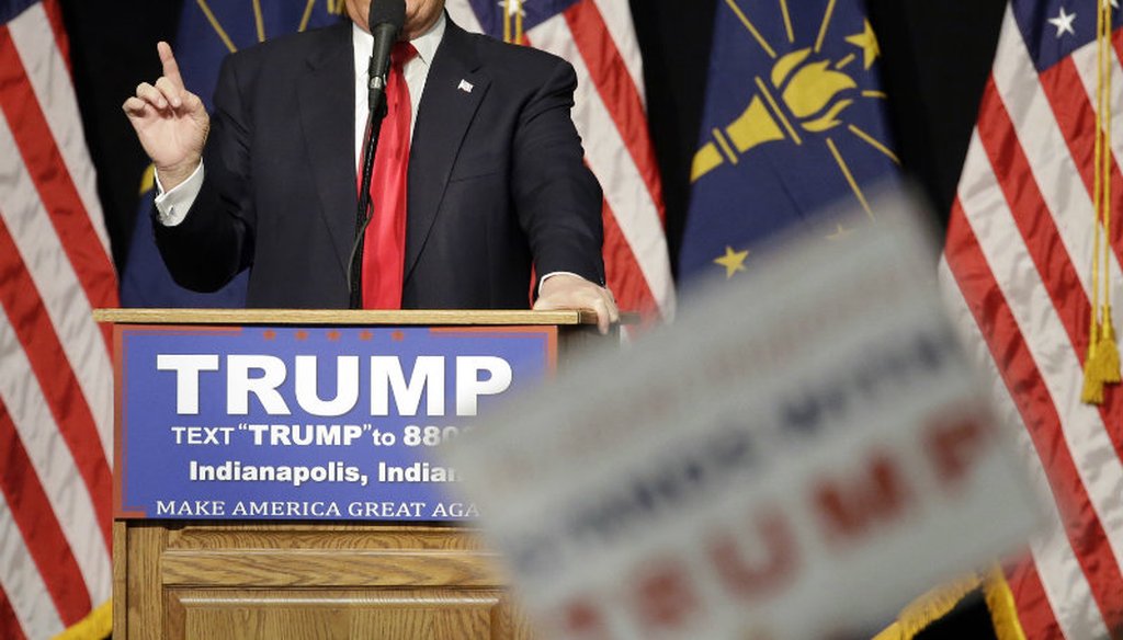 Republican presidential candidate Donald Trump speaks during a campaign stop Wednesday, April 20, 2016, in Indianapolis. (AP Photo/Darron Cummings)