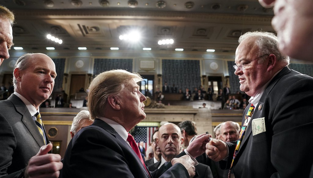 President Donald Trump talks with Rep. Billy Long, R-Mo., after giving his State of the Union on Feb. 5, 2019. In his 2022 campaign for the Senate, Long ran an ad claiming that Democrats rigged the 2020 election, which Trump lost to Joe Biden. (AP)