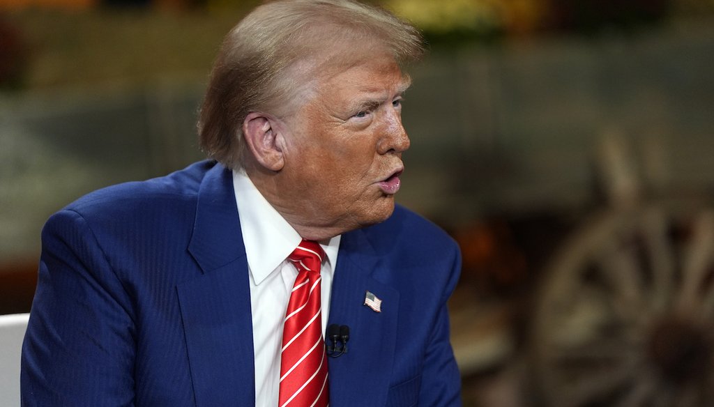 Republican presidential nominee former President Donald Trump speaks during a break in a Fox News town hall with Harris Faulkner at The Reid Barn, Oct. 15, 2024, in Cumming, Georgia. (AP)