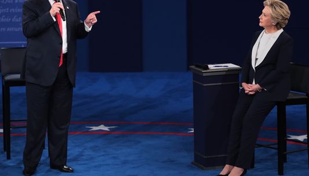 Donald Trump and Hillary Clinton, shown here at a presidential debate in St. Louis on Oct. 9, 2016, were a dominant presence in PolitiFact Wisconsin's most-clicked items in 2016. (Getty Images)