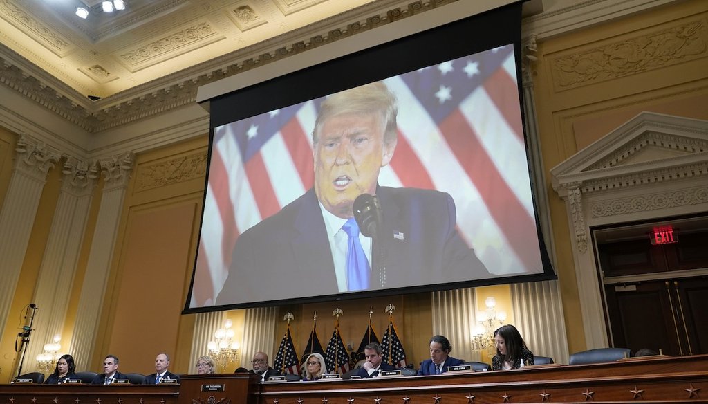 A video of former President Donald Trump is shown on a screen, as the House select committee investigating the Jan. 6 attack on the U.S. Capitol holds its final meeting on Capitol Hill in Washington, Dec. 19, 2022. (AP)
