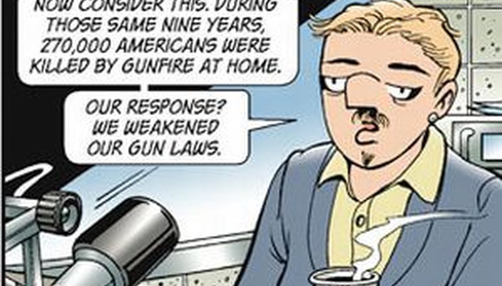In a Sunday strip, Doonesbury character Mark Slackmeyer muses about the nation's divergent responses to deaths by terrorism and gun violence. We check his numbers.