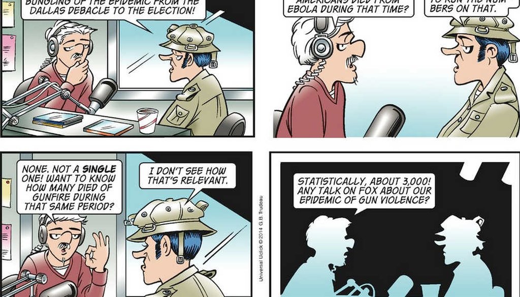 This Doonesbury comic strip took Fox News to task for politicizing fears about Ebola. (Washington Post/Trudeau)