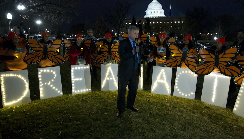 Sen. Dick Durbin, D-Ill., at rally in support of Deferred Action for Childhood Arrivals outside the Capitol, Jan. 21, 2018, in Washington. (AP)