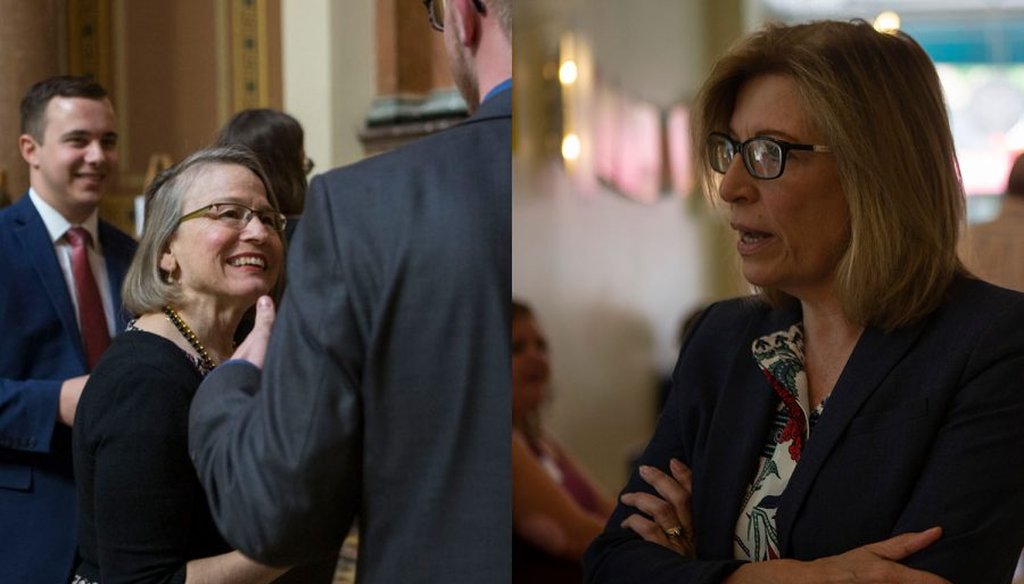Sen. Mariannette Miller-Meeks (left) at the State Capitol in Des Moines on April 9, 2019. Iowa State Senator Rita Hart (right) at Yotopia on June 30, 2019. (Katie Goodale/The Daily Iowan)