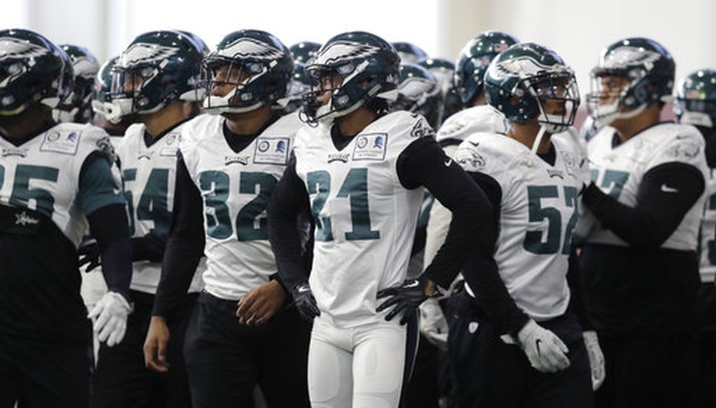 In this Thursday, Feb. 1, 2018, file photo, Philadelphia Eagles cornerback Patrick Robinson (21) and teammates break a huddle during a practice for the NFL Super Bowl in Minneapolis. (AP)
