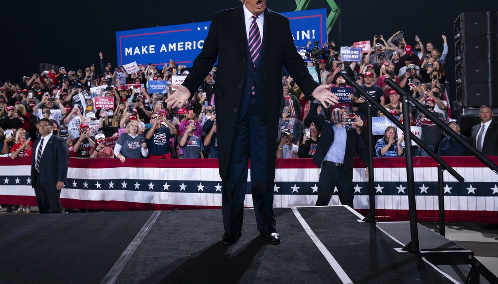 President Donald Trump arrives to speak to a campaign rally at Pittsburgh International Airport, Tuesday, Sept. 22, 2020, in Pittsburgh. (AP Photo/Evan Vucci)
