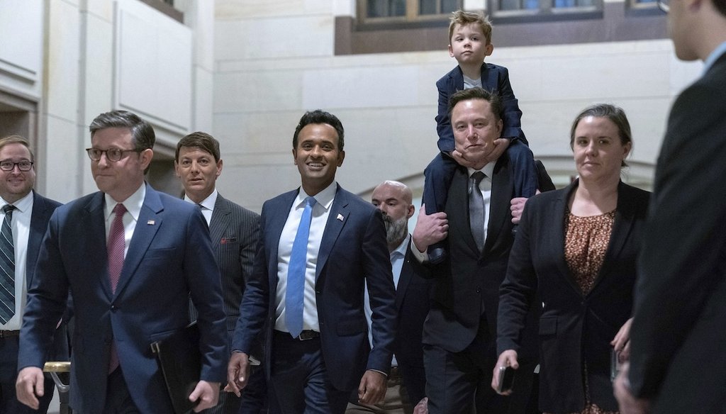 House Speaker Mike Johnson, R-La., from left, walks with Vivek Ramaswamy and Elon Musk as they arrive for a roundtable meeting to discuss President-elect Donald Trump's planned Department of Government Efficiency on Capitol Hill, Dec. 5, 2024. (AP)