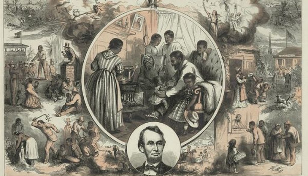 Engraving by Thomas Nast, circa 1865, celebrating the emancipation of Southern slaves at the end of the Civil War. (Library of Congress)