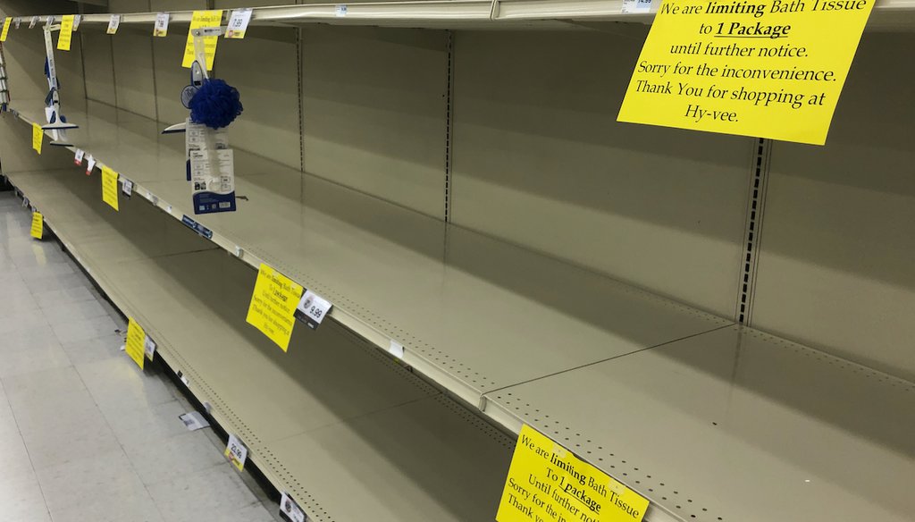 Bath tissue shelves were empty at a Hy-Vee supermarket in Omaha, Neb., on March 15, 2020. Fox News aired the same photo during an Oct. 19, 2021, segment and represented it as though it were a current image. (AP)