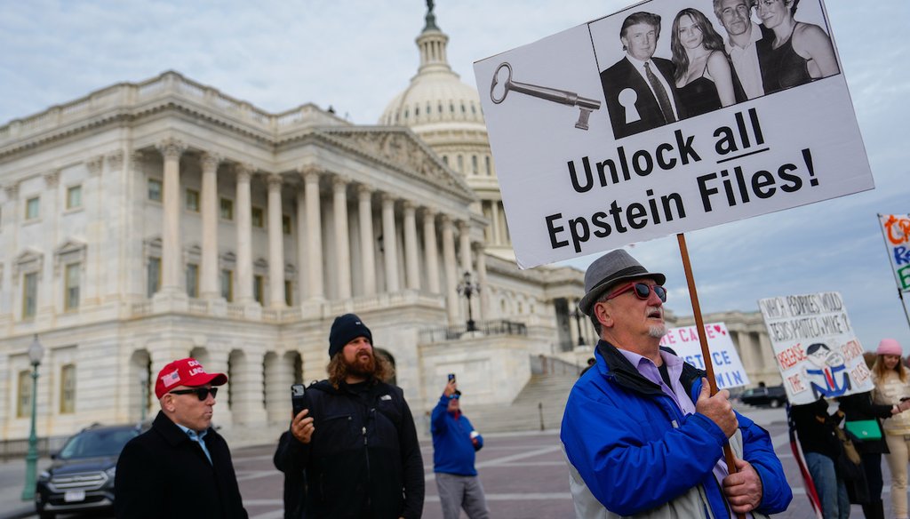 Protesters hold signs during a news conference on the Epstein Files Transparency Act, Tuesday, Nov. 18, 2025, outside the U.S. Capitol in Washington. (AP)