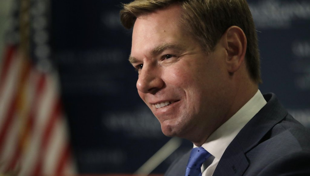 Rep. Eric Swalwell, D-Calif., speaks at a Politics & Eggs event, Monday, Feb. 25, 2019, in Manchester, N.H. Swalwell announced in April he's running for the Democratic presidential nomination. (AP Photo/Elise Amendola)