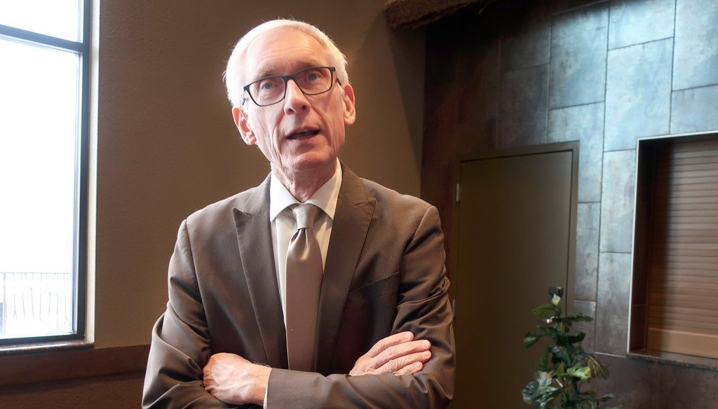 Wisconsin Democratic Gov. Tony Evers says he doesn't believe Republicans are "bastards" as he speaks with reporters Nov. 13, 2019. He used that word when talking about Republicans blocking a cabinet nominee.  (AP Photo/Scott Bauer)