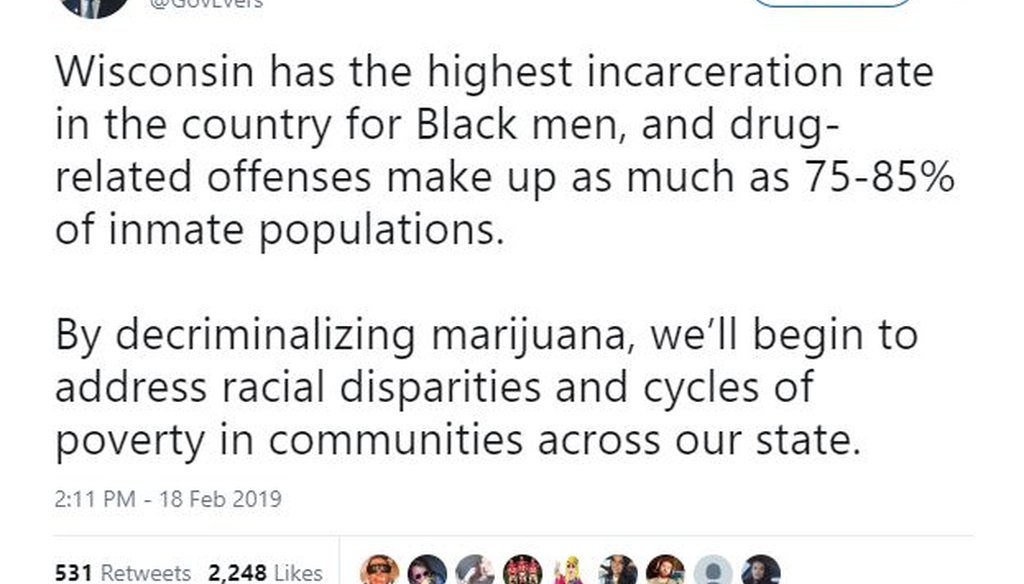 Gov. Tony Evers said in a since-deleted tweet that 75-85 percent of Wisconsin prison inmates are there for drug-related crimes. Screenshot from Twitter.com