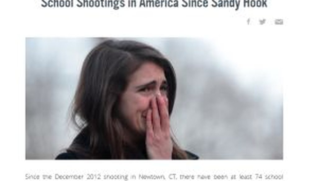 A screenshot of the Everytown for Gun Safety webpage that listed 74 shootings since the killings in Newtown, Conn. The figure was widely shared on social media, but some found it misleading. We took a closer look.