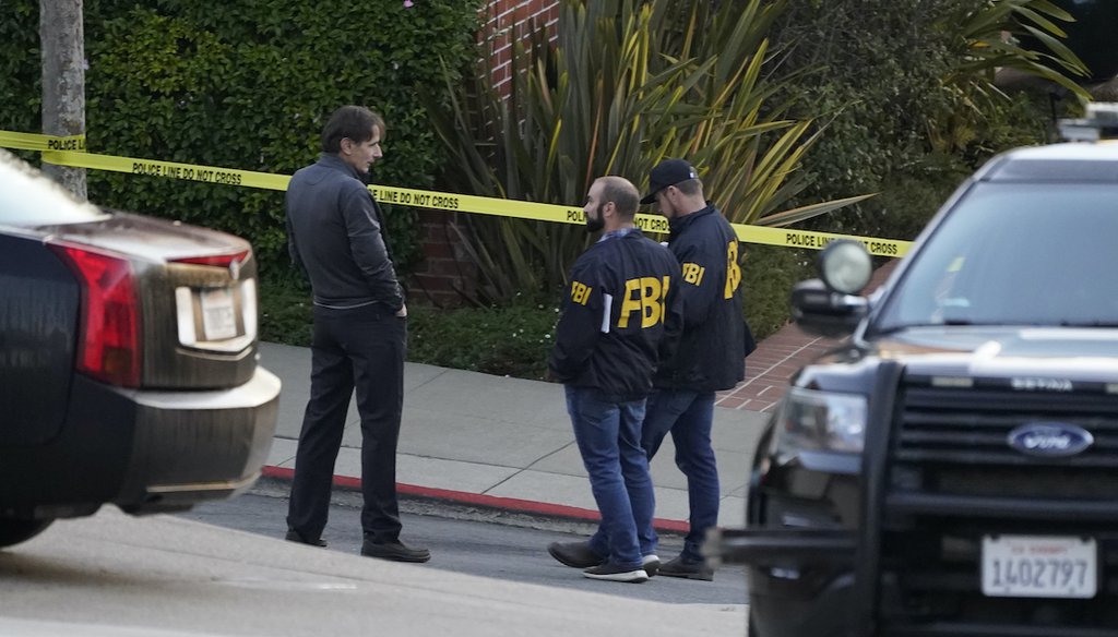 A pair of FBI agents work outside the home of House Speaker Nancy Pelosi and her husband Paul Pelosi in San Francisco, Friday, Oct. 28, 2022. (AP)