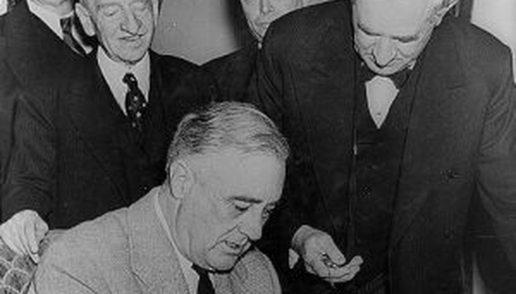 President Roosevelt signs the declaration of war against Germany, Dec. 11, 1941. No president has signed a declaration of war since Roosevelt.