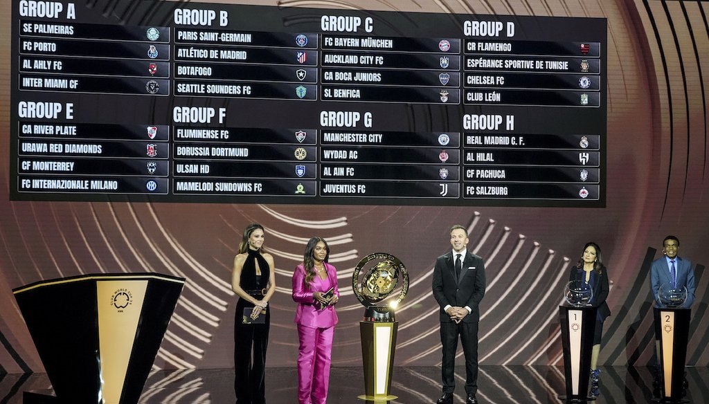 Presenter Samantha Johnson speaks on stage during the draw for the 2025 FIFA Club World Cup soccer tournament, Dec. 5, 2024, in Miami. (AP)