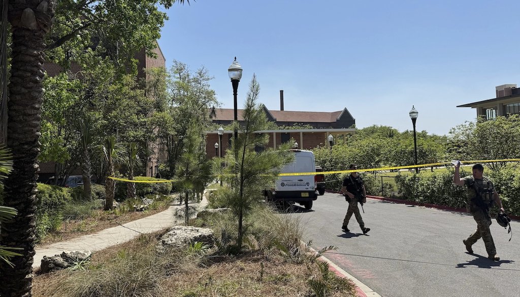 Dozens of patrol vehicles, including a forensics van, are stationed outside of Florida State University’s student union building, the scene of a shooting, April 17, 2025, in Tallahassee, Fla. (AP)