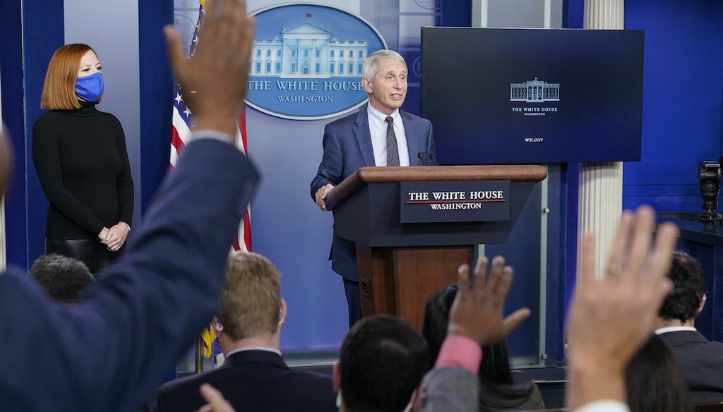 Dr. Anthony Fauci, director of the National Institute of Allergy and Infectious Diseases, speaks during the daily briefing at the White House in Washington, Wednesday, Dec. 1, 2021, as White House press secretary Jen Psaki watches. (AP)