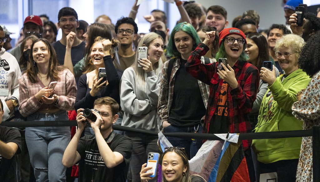 Supporters of Pennsylvania Lt. Gov. John Fetterman, a Democratic candidate for U.S. Senate, cheer him on as he speaks at Temple University in Philadelphia, Saturday, Oct. 29, 2022. (AP)