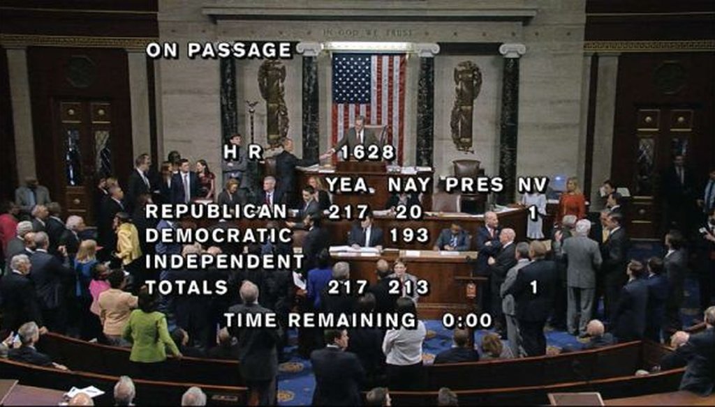 The final vote on the Republicans health care bill is displayed over a feed of the House floor on May 4, 2017. (House Television via AP)