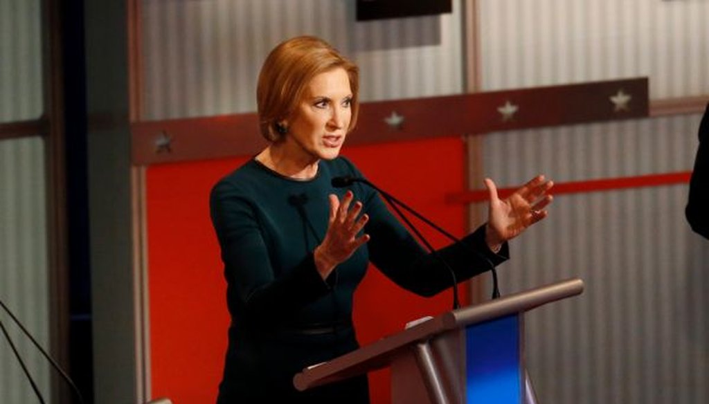 Carly Fiorina makes a point during the Republican presidential debate in Milwaukee. (AP/Morry Gash)