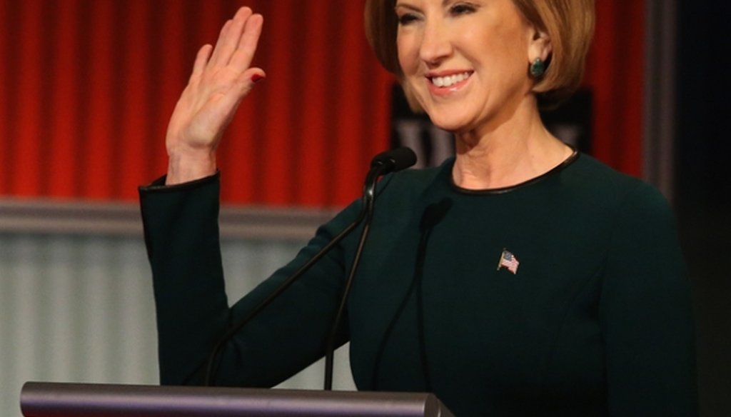 Republican presidential candidate Carly Fiorina waves at the start of the Republican presidential debate in Milwaukee on Nov. 10, 2015. (Scott Olson/Getty Images)