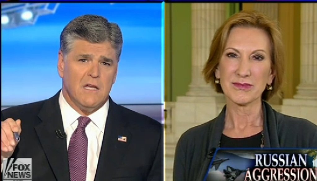 Republican presidential candidate Carly Fiorina appeared on Sean Hannity's Fox News show on Sept. 30, 2015.