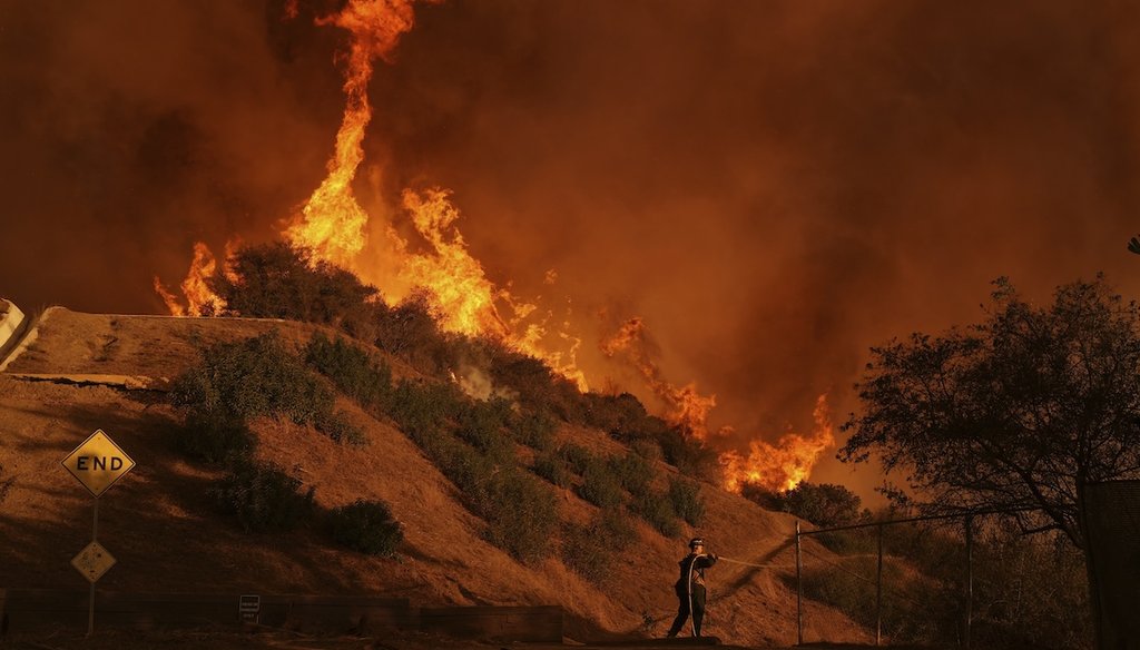 A firefighter battles the Palisades Fire in Mandeville Canyon on Jan. 11, 2025, in Los Angeles. (AP)