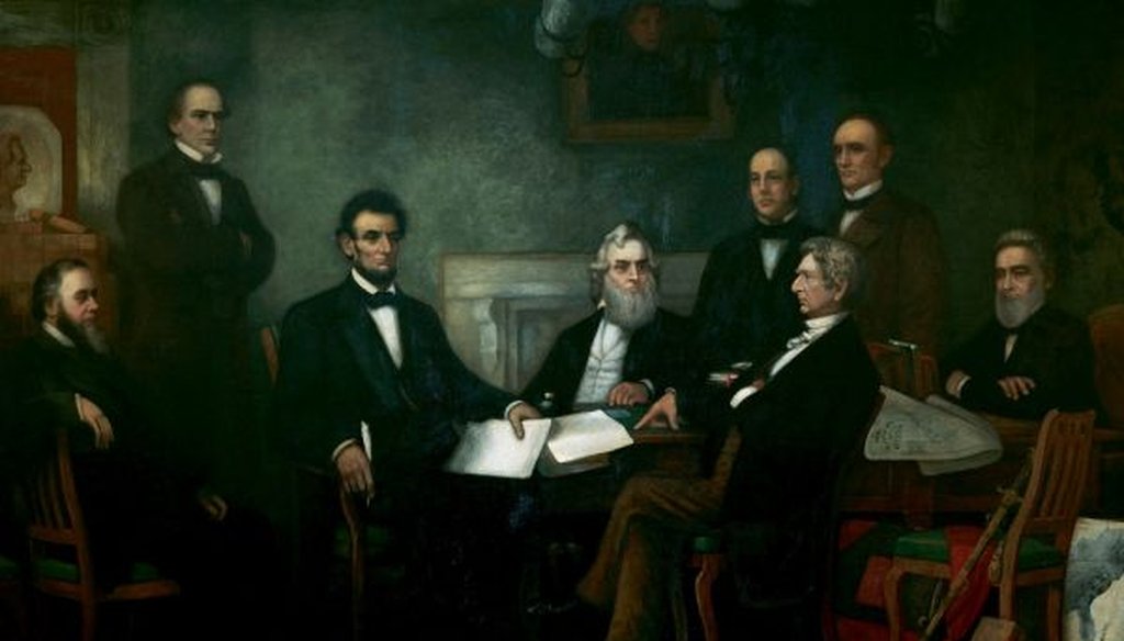 "First Reading of the Emancipation Proclamation of President Lincoln," by Francis Bicknell Carpenter, with Lincoln cabinet members Edwin Stanton, Salmon P. Chase, Gideon Welles, Caleb Blood Smith, William Seward, Montgomery Blair, and Edward Bates.