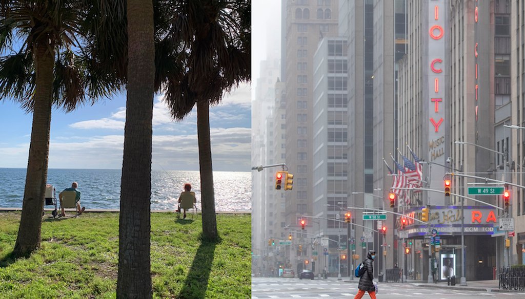 Two images taken March 29, 2020, show the different scenes early in the pandemic. Two people relax in St. Petersburg, Fla., left, while, in New York, a woman wearing a facial mask makes her way across 6th Avenue near Radio City Music Hall. (AP)