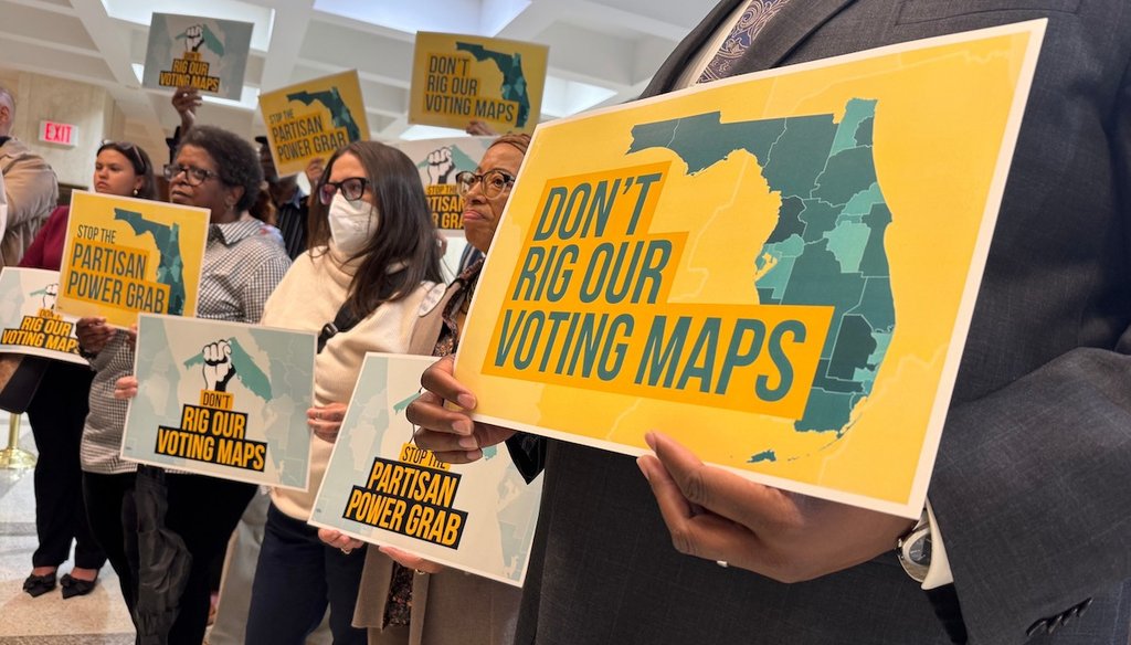 Opponents of mid-decade efforts to redraw congressional voting districts gather to protest in the Florida Capitol in Tallahassee, Fla., Dec. 2, 2025. (AP )