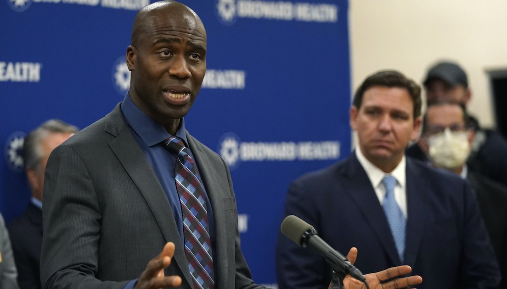 Florida Surgeon General Dr. Joseph Ladapo speaks at a news conference with Florida Gov. Ron DeSantis, right, on Jan. 3. On March 7, Ladapo said the state would formally recommend against COVID-19 vaccinations for healthy children. (AP)