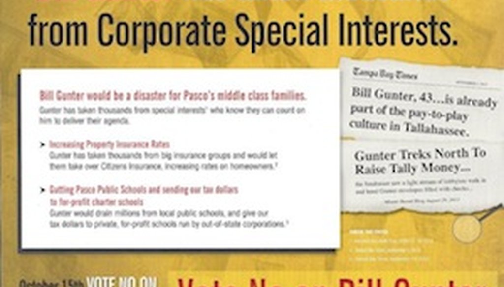 A mailer from the Florida Democratic Party attacks Republican candidate Bill Gunter.