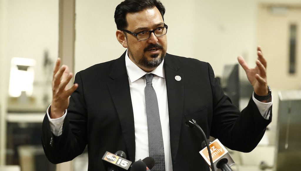 Adrian Fontes, now the Democratic candidate for Arizona Secretary of State, oversaw elections in Maricopa County and is seen here speaking to reporters Sept. 12, 2018, in Phoenix. (AP)