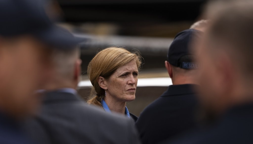 Former U.S. Agency for International Development Administrator Samantha Power, center, listens to Serhiy Kruk, Head of the State Emergency Service of Ukraine, before a news conference in Kyiv, Ukraine, July 17, 2023. (AP)